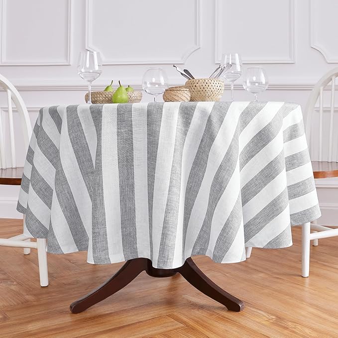 Solino Home Linen 60 Inch Round Tablecloth - Cabana Stripe, 100% Pure Linen Grey and White Round Tablecloth - Machine Washable Table Cloth for Fall, Autumn, Thanksgiving, Winter