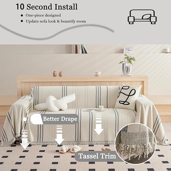 DREAMINGO Couch Cover Reversible Chenille Loveseat Sofa Covers for Dogs Pets Beige Grey Couch Protector for 2 Cushion Couch Sofa Vertical Stripe Jacquard Sofa Slipcover Sectional, 71"x118"