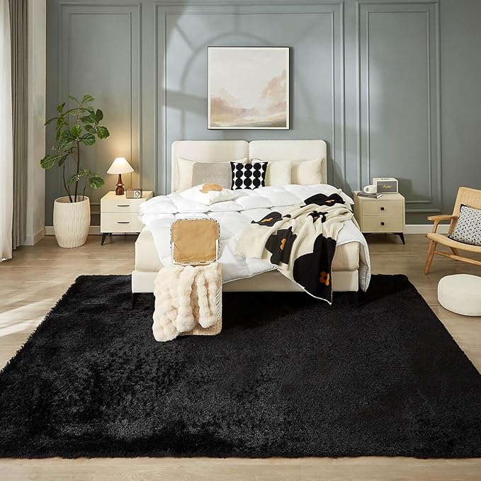 Floralux 9x12 Area Rug for Bedroom, Black, Large Shag Carpets Living Room Rug, Ultra Soft Shaggy Fluffy Carpet for Playroom, Plush Modern Floor Rug for Kids Room