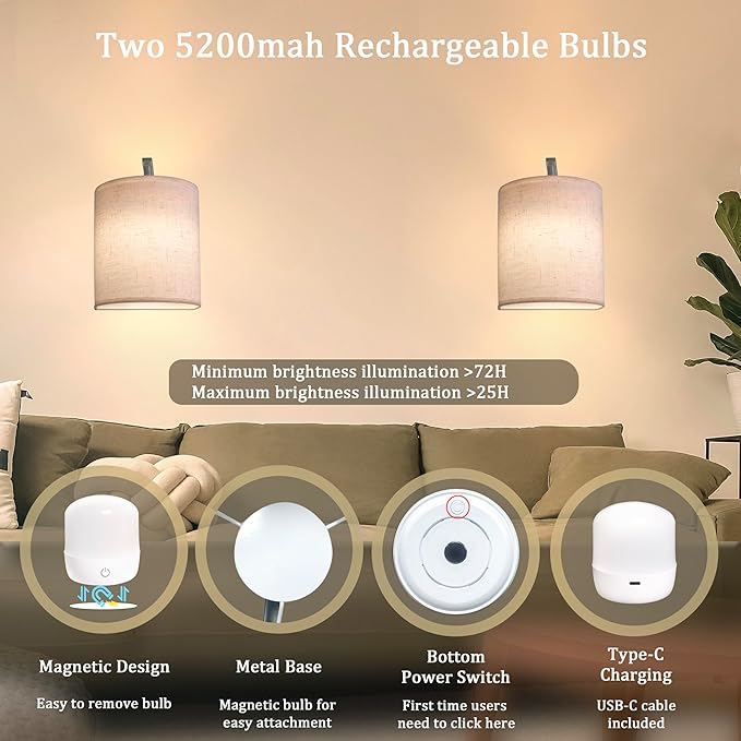 Wireless Wall Sconces Set of 2, Rechargeable Battery Operated Wall Lights with Remote, Dimmable Magnetic LED Bulbs,12 RGB Colors and Timer, Cordless Sconces for Bedroom Living Room (Silver)