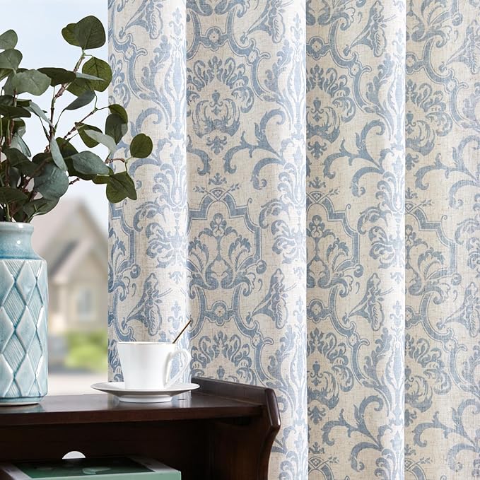 jinchan Curtains for Bedroom, Light Filtering 96 Inch Length 2 Panels Set, Baroque Style Linen Blend Drapes Living Room, Vintage Damask Window Treatments, Grommet Top Blue on Flax, W52 X L96