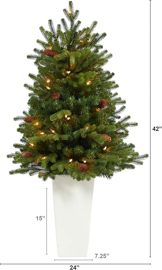 Nearly Natural 3.5ft. Yukon Mountain Fir Artificial Christmas Tree with 50 Clear Lights and Pine Cones in White Planter