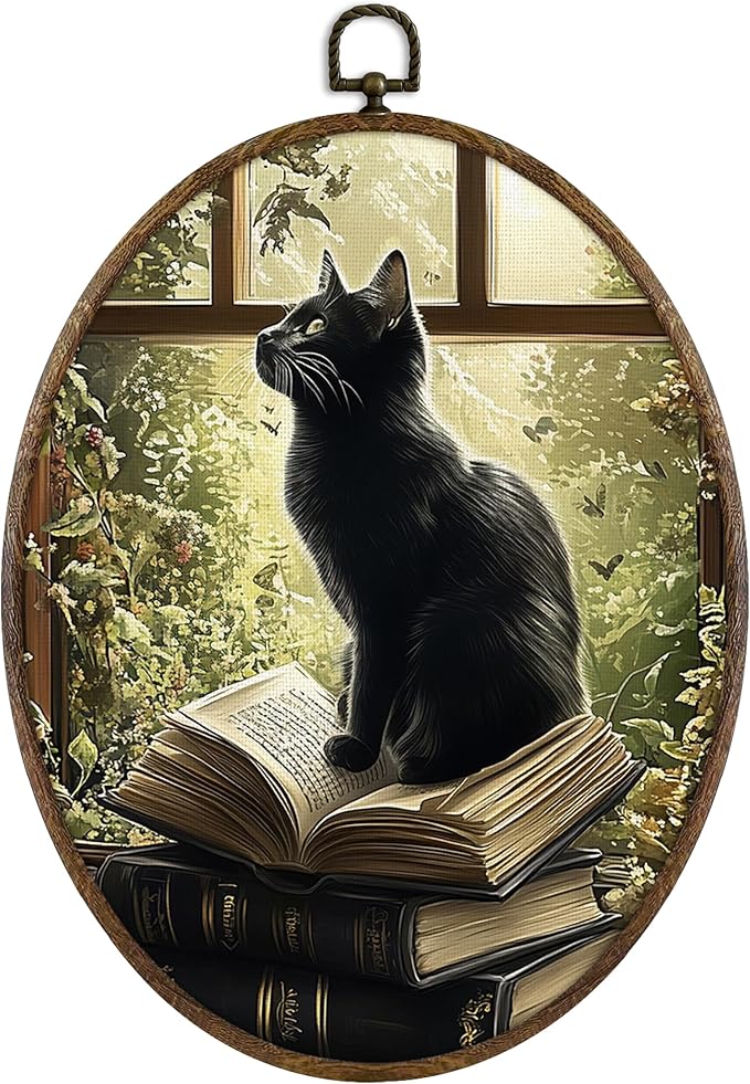 KFXHANGD Vintage Dark Academia Black Cat Oval Wall Art Framed, Antique Cottagecore Black Cat Canvas Wall Art Decor, Rustic Moody Gothic Cats Hanging Decor for Living Room Bedroom, 8.7x11.3 In