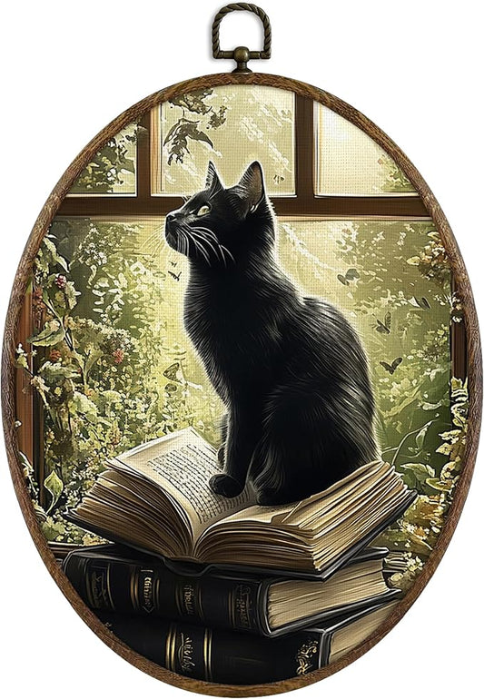 KFXHANGD Vintage Dark Academia Black Cat Oval Wall Art Framed, Antique Cottagecore Black Cat Canvas Wall Art Decor, Rustic Moody Gothic Cats Hanging Decor for Living Room Bedroom, 8.7x11.3 In