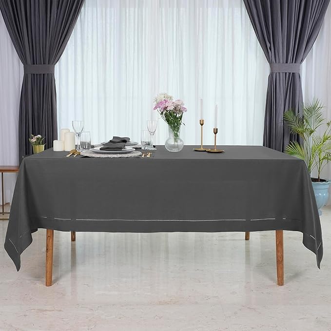 D'Moksha Homes Charcoal Grey Linen Tablecloth 60 x 120 Inch - 100% Pure Linen Hemstitch Tablecloth for Rectangle Tables - Classic Hemstitch, Machine Washable Table Cloth for Thanksgiving