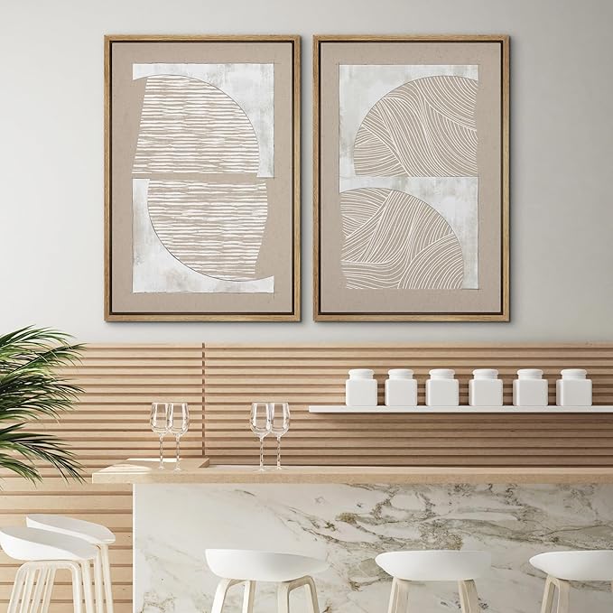 SIGNWIN Framed Canvas Print Wall Art Set Grunge Tan White Art Deco Polygons Abstract Shapes Illustrations Minimal Decorative Nordic Zen Bohemian for Living Room, Bedroom, Office - 24"x36"x2 Natural