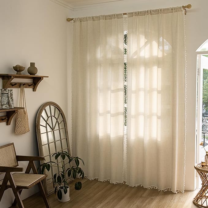 Sutuo Home Ivory Boho Curtains 108 Inches Long, Bohemian Linen Style Textured Curtains with Tassels for Living Room, Semi Blackout Farmhouse Drapes, Rod Pocket Window Treatments 2 Panels, 52" x 108"