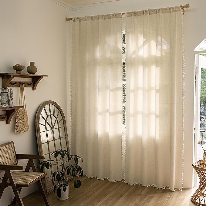 Sutuo Home Boho Curtains 63 Inches Long, Bohemian Linen Style Textured Curtains with Tassels for Living Room, Semi Blackout Farmhouse Drapes, Rod Pocket Window Treatments 2 Panels, 52" x 63", Ivory