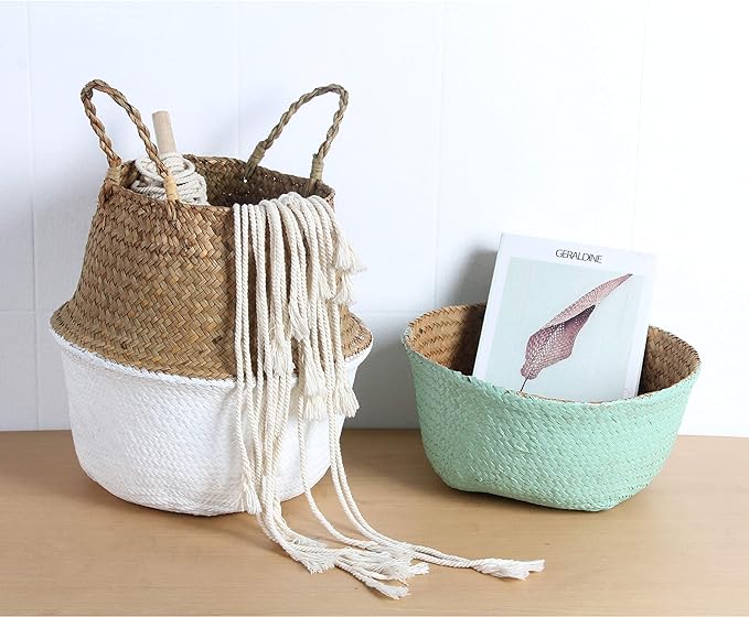 Woven Seagrass Belly Basket for Storage, Laundry, Picnic, Plant Pot Cover, and Grocery and Toy Storage (Medium, White)