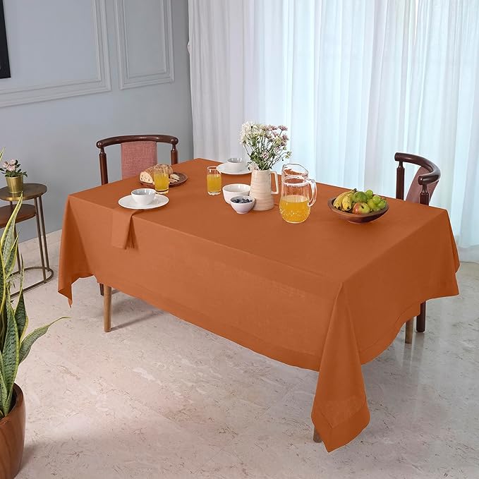 D'Moksha Homes Rust Linen Tablecloth 60 x 90 Inch - 100% Pure Linen Tablecloth for Rectangle Tables - Machine Washable Table Cloth for Fall, Thanksgiving, Holiday