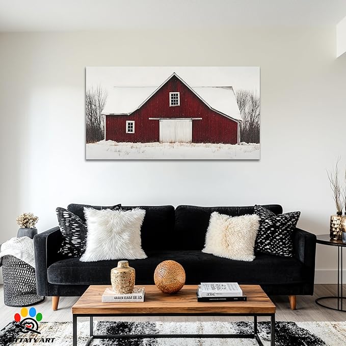 GUTTATY Christmas Winter Scene Canvas Wall Art, Red Barn Snowy Landscape Canvas Painting, Rustic Wall Decor Print for Holiday Living Room, Bedroom, Seasonal Wall Hanging Poster Picture, 32x16 Inch