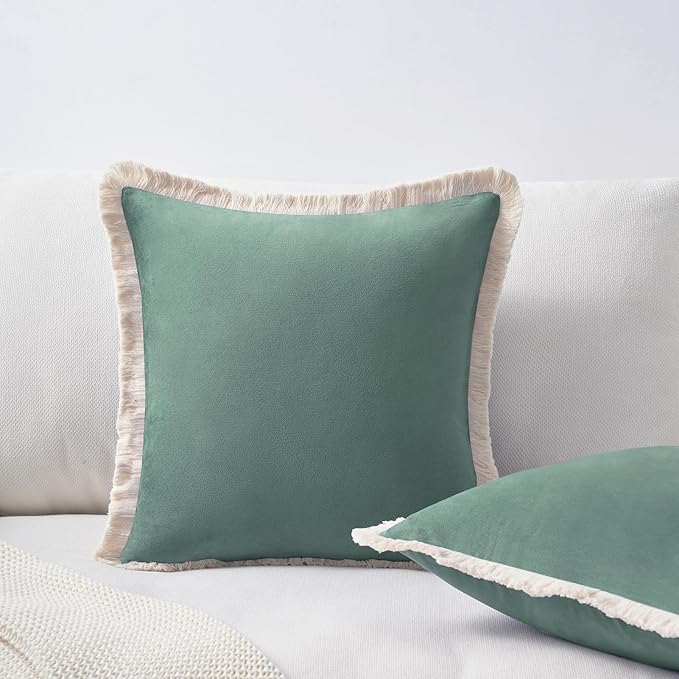 MONDAY MOOSE Decorative Throw Pillow Covers Cushion Cases, Set of 2 Soft Velvet Modern Fringe Tassel Designs, Mix and Match for Home Decor, Pillow Inserts Not Included (Sea Green, 16x16 inch)