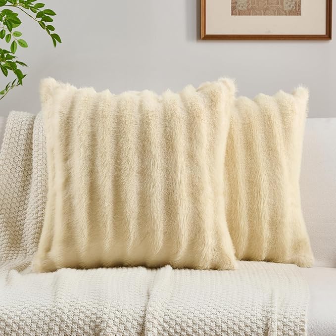 FUTEI Beige Decorative Throw Pillow Covers 16x16 Inch Set of 2,Soft Fluffy Faux Rabbit Fur Dyeing Striped Textured Cushion Case,Modern Home Decor for Couch Bed Living Room