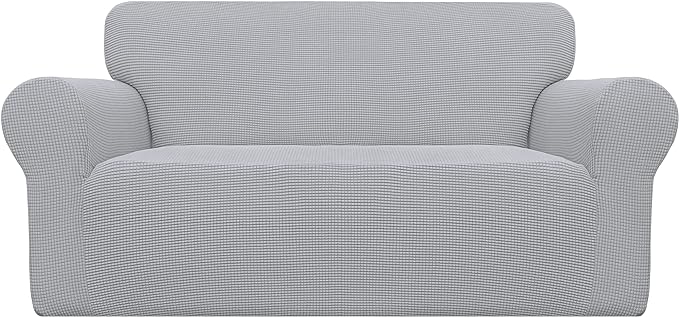 Easy-Going Stretch Loveseat Slipcover 1-Piece Sofa Cover Furniture Protector Couch Soft with Elastic Bottom for Kids Polyester Spandex Jacquard Fabric Small Checks (Loveseat, Silver Gray)