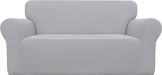 Easy-Going Stretch Loveseat Slipcover 1-Piece Sofa Cover Furniture Protector Couch Soft with Elastic Bottom for Kids Polyester Spandex Jacquard Fabric Small Checks (Loveseat, Silver Gray)