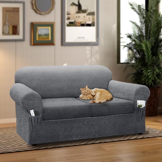 Loveseat Slipcover with Armrest Pockets 3-Piece Set, Stretch Faux Leather Love Seat Covers for 2-Cushion Couches(Fits 58-66") - Non-Slip, Machine Washable, Pet & Kid Friendly - Light Gray