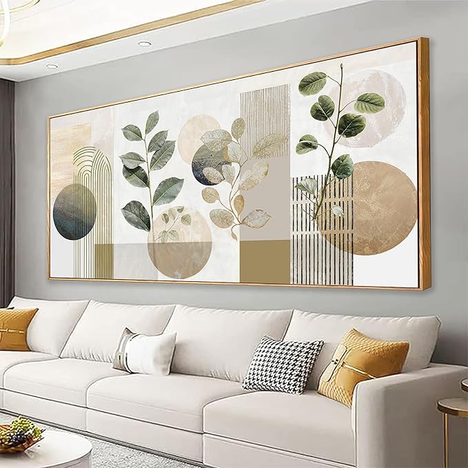 Boho Wall Art Minimalist Canvas Wall Art Decor Geometric Line Leaf Beige Green Wall Art Canvas Artwork Print Paintings Abstract Art Botanical Boho Room Office Home Wall Decor 20" X 40" With Framed