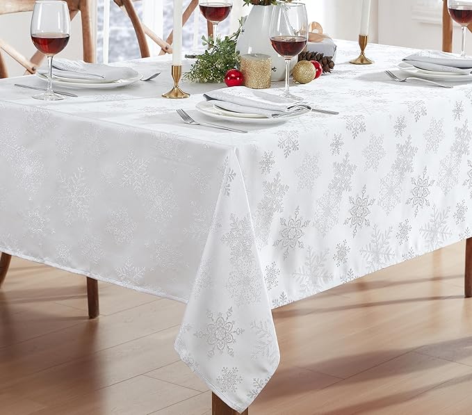 Newbridge Fancy Metallic Snowflake Christmas Fabric Tablecloth, 52 x 52 Inch Square, White Silver, No-Iron Soil Resistant Sparkling Snowflakes Woven Holiday Table Cover