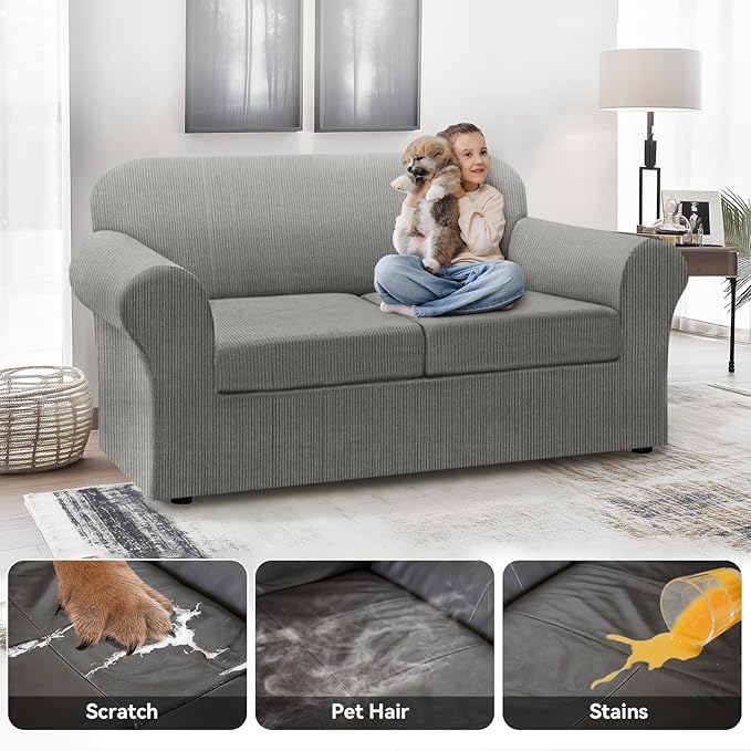 100% WaterproofLoveseat Cover 3-Piece Set Striped Loveseat Slipcovers for 2 Cushion Couch Sofa Covers with TPU Leakproof Bottom Stretch Couch Protector Pet Proof - Loveseat, Gray