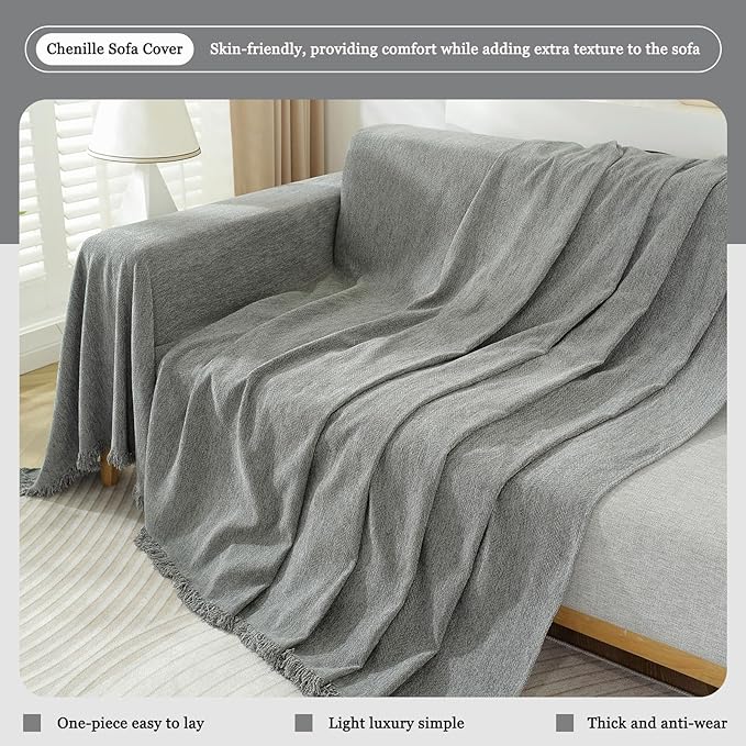 DREAMINGO Modern Minimalism Couch Cover Pets Loveseat Protector Light Grey Chenille Sofa Covers for Sectional 3 Seat Couch Boho Herringbone Furniture Cover Waterproof Sofa Slipcover, 71"x118"