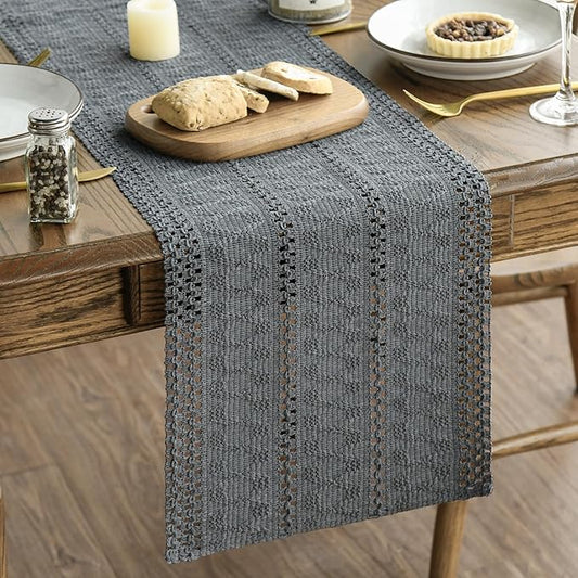 Artoid Mode Dark Grey Farmhouse Woven Rustic Hollow Table Runner, Seasonal Holiday Kitchen Dining Table Decoration for Home Party Decor 12x36 Inch