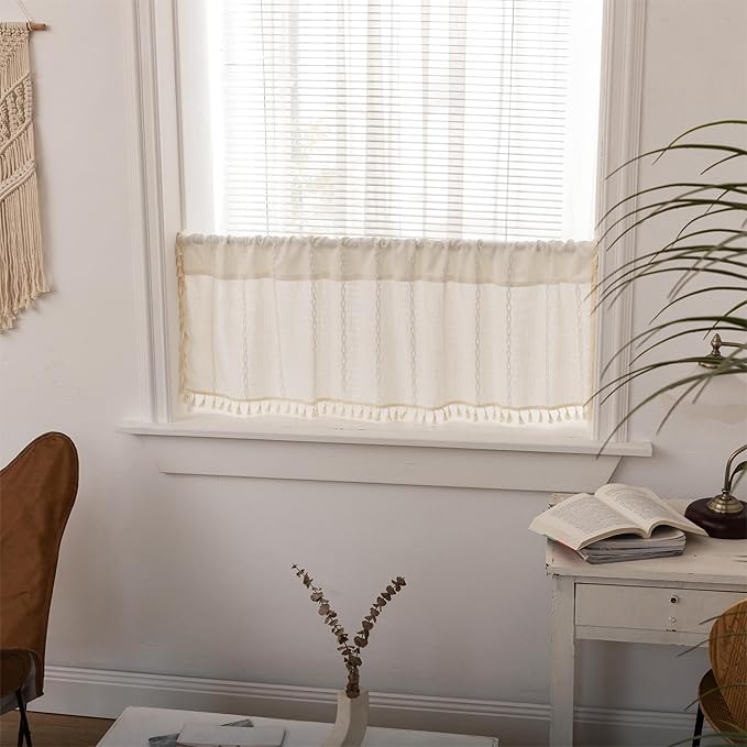 Sutuo Home White Boho Valance Curtains Tier 36 inches for Kitchen Cafe Closet, Short Farmhouse Vintage Tassels Window Treatment Bohemian Stripe Embroidery Drape Rod Pocket 1 Panel 52" W x 36" L