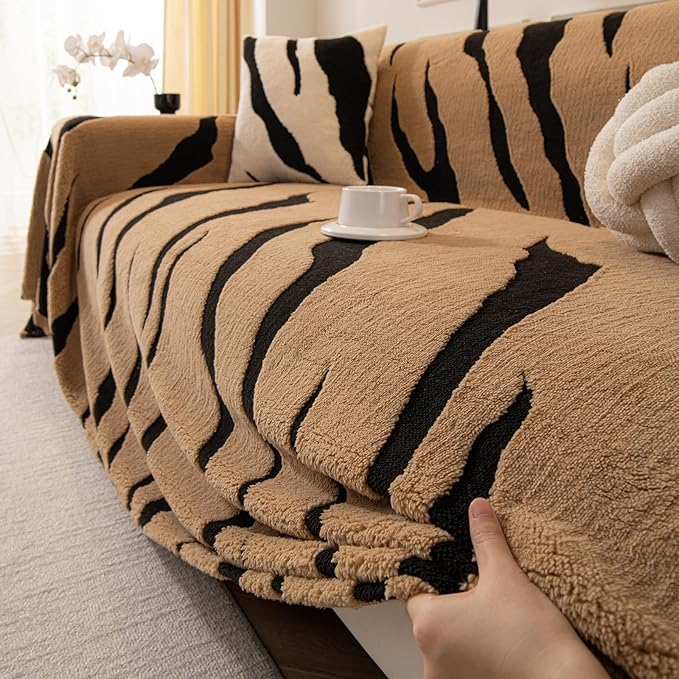 ROOMLIFE Striped Boho Khaki Couch Cover for 2-3 Cushion Sofa, Fuzzy Plush Warm Sofa Slipcovers Sectional Sofas Covers, Non Slip Washable Furniture Protector Soft with Tassel,Winter 71''X118”