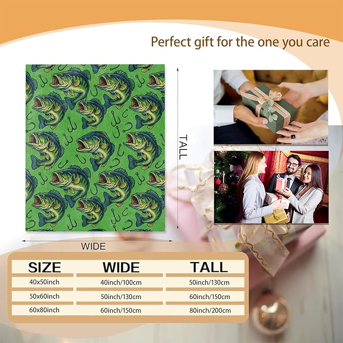 Fishing Bass Blanket Gifts for Women Girls Kids, Soft Warm Lightweight Flannel Green Largemouth Bass Fish with Hooks Throw Blankets for Bedroom Living Room Home Sofa Home Decor 40" x 50"