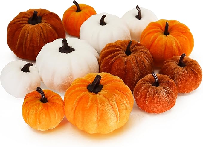 12 Faux Flocked Pumpkins, Perfect for Fall Harvest, Halloween, or Thanksgiving Table Centerpieces(12, Gold, White, and Brick Red)