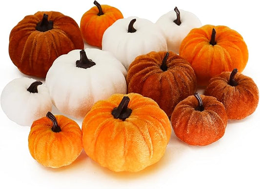 12 Faux Flocked Pumpkins, Perfect for Fall Harvest, Halloween, or Thanksgiving Table Centerpieces(12, Gold, White, and Brick Red)