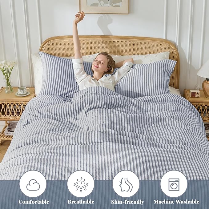 MILDLY Blue Striped Duvet Cover - 100% Washed Cotton Jacquard Boho Textured Comforter Cover 2pcs with Zipper Closure 68"x90"