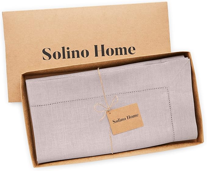 Solino Home Lilac Linen Tablecloth 52 x 52 Inch - 100% Pure Linen Square Table Throw - Classic Hemstitch, Machine Washable Table Cloth for Fall, Autumn, Thanksgiving, Christmas