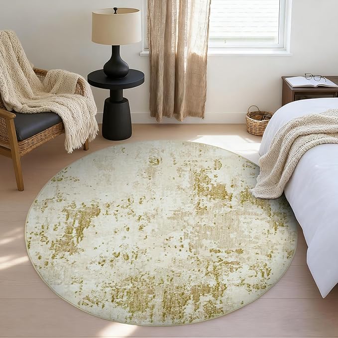 Modern Abstract 4x4 Round Area Rug Non Slip Non Shedding Rug Low Pile Stain Resistant for Bedroom Living Room Office Dining Room,Golden Grey