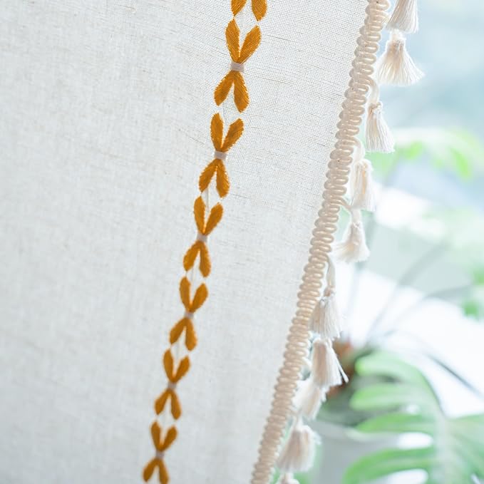 Sutuo Home Boho Curtains for Bedroom Dining Room Kitchen, Semi Blackout Farmhouse Vintage Chic Tassels Window Treatment Bohemian Embroidery Drape, Rod Pocket 1 Panel 52" W x 63" L, White and Gold