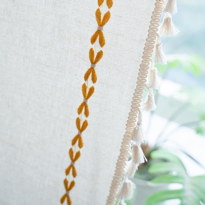Sutuo Home Boho Curtains 90 inches for Bedroom Living Room, Semi Blackout Farmhouse Tassels Vintage Privacy Bohemian Embroidery Drape, Rod Pocket 1 Panel 52" W x 90" L, White and Gold