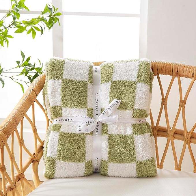 YIRUIO Throw Blanket Checkered Chessboard Fluffy Fuzzy Warmer Comfort Reversible Super Soft Cozy for Home Decor Bed Couch Sofa Living Room (Sage Green, 51''x63'')