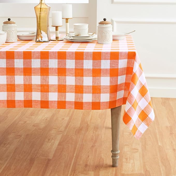 Solino Home Linen Checkered Tablecloth 60 x 144 Inch - 100% Pure Linen Pumpkin and White Buffalo Plaid Table Cloth for Rectangle Tables - Machine Washable Tablecloth for Fall, Thanksgiving