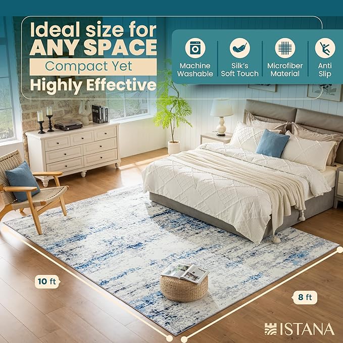 Istana 8x10 Area Rug - Blue/White 8x10 Rugs for Living Room - Foldable Rugs for Bedroom - Stain Resistant Washable Rug - Eco-Friendly Area Rugs - Easy to Clean Living Room Rug