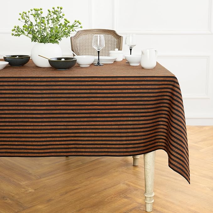 Solino Home Linen Tablecloth 60 x 108 Inch - Amalfi Stripe 100% Pure Linen Pumpkin and Black Table Cloth for Rectangle Tables - Machine Washable Fabric Tablecloth for Fall, Thanksgiving