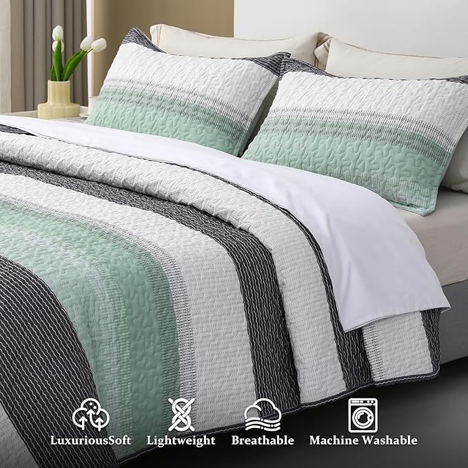 DURLENGEN Striped Quilt Set Queen Size 3Pcs, Bohemian Design with White & Mint Green & Blue & Grey Stripes, All Season Lightweight Bedspread Coverlet Sets(California King 112x104,Mint Green)