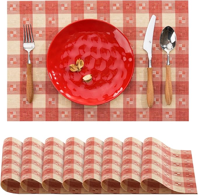 BACKTOEDEN Placemats Set of 8 Heat Resistant Washable Wipeable Placemat Woven Non-Slip Foldable Vinyl/Plastic Place Mats Indoor/Outdoor Mat Kitchen Dining Table Pad, Red Checkered