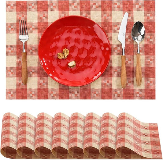 BACKTOEDEN Placemats Set of 8 Heat Resistant Washable Wipeable Placemat Woven Non-Slip Foldable Vinyl/Plastic Place Mats Indoor/Outdoor Mat Kitchen Dining Table Pad, Red Checkered