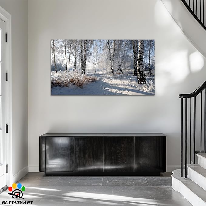 GUTTATY Christmas Winter Scene Canvas Wall Art, Snowy Forest Birch Tree Canvas Prints, Serene Blue White Painting, Peaceful Landscape Poster Picture for Living Room Bedroom Office, 60x30 Inch