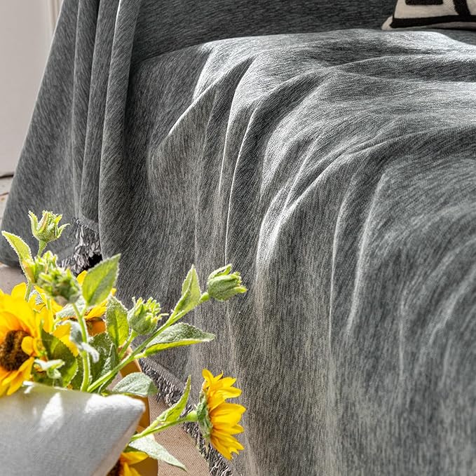 VClife Chair Couch Cover Washable Soft Chenille Chair Slipcover, Anti Slip Gray Armchair Couch Cover for 1 Cushion Couch Sofa, Modern Armchair Sofa Cover with Tassel Pet Furniture Protector, 71"X90"