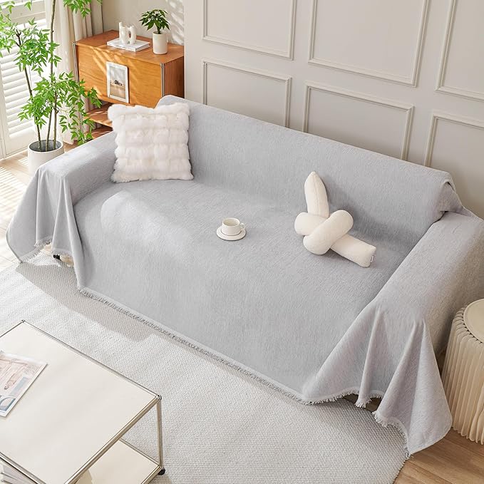 DREAMINGO Sofa Covers Washable Thick Chenille Couch Cover for 3 Cushion Couch Sofa Multi-Use Couch Cover Blanket Modern Pet Furniture Protector Sectional Couch Slipcover 91"x134", Light Grey