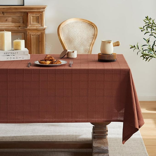 ZeeMart Linen Checked Table Cloth, Farmhouse Style Plaid Embroidered Rust Tablecloth, Water Resistant Square Table Cloth, Terracota 52x52 Inches