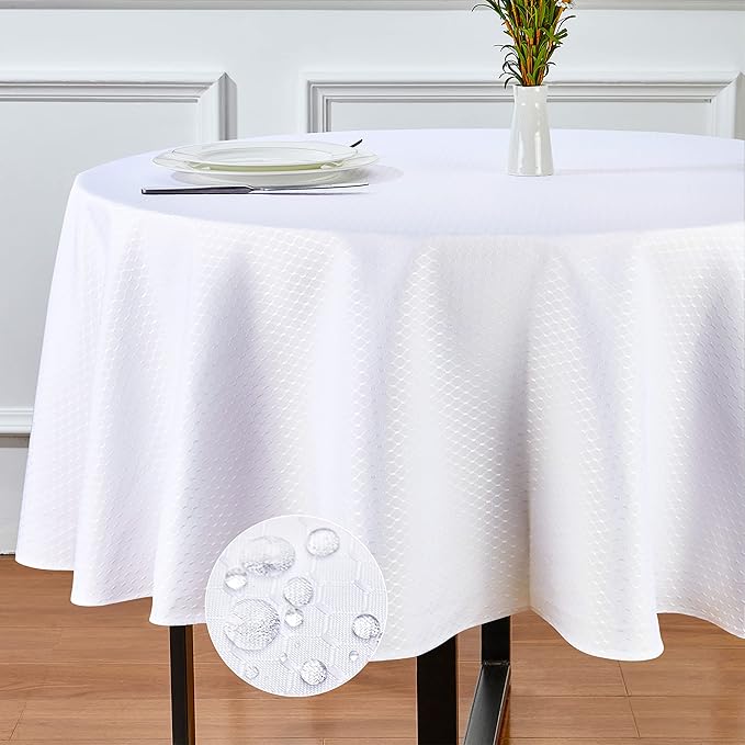 Rectangle Table Cloth Linen Farmhouse Stainproof Waterproof Washable Polyester Oblong Rectangular Fabric Table Cover for Kitchen Dining Dinner (White, Round 70'' Inch)