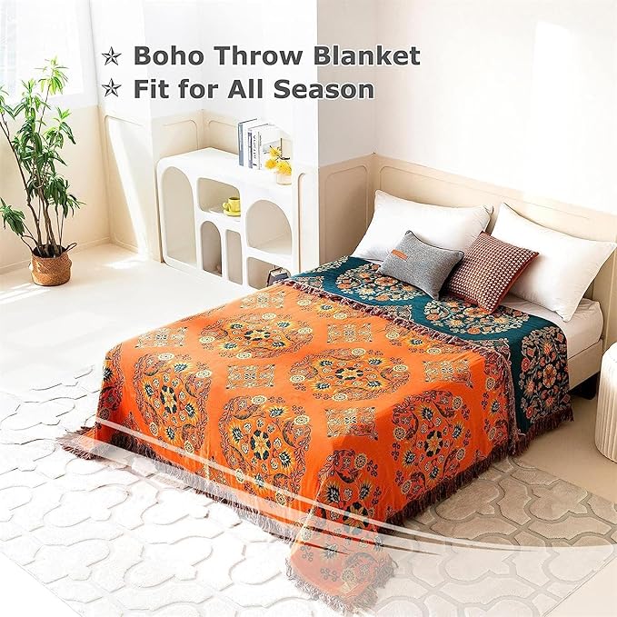 Boho Throw Blanket for Bed 100% Cotton Ultra Soft Rustic Quilt Fall Blanket Floral Farmhouse Decor Bed Blankets,All Season Rustic Throw for Sofa Chair 90"×98"