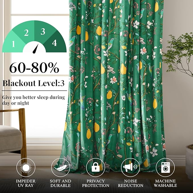 Vintage Velvet Curtains 96 inches for Living Room,Dark Green Victorian Whimsical Botanical Floral Blackout Room Darkening Curtain Drapes,2 Panels Mid Century Anthropologie Bedroom Window Curtains