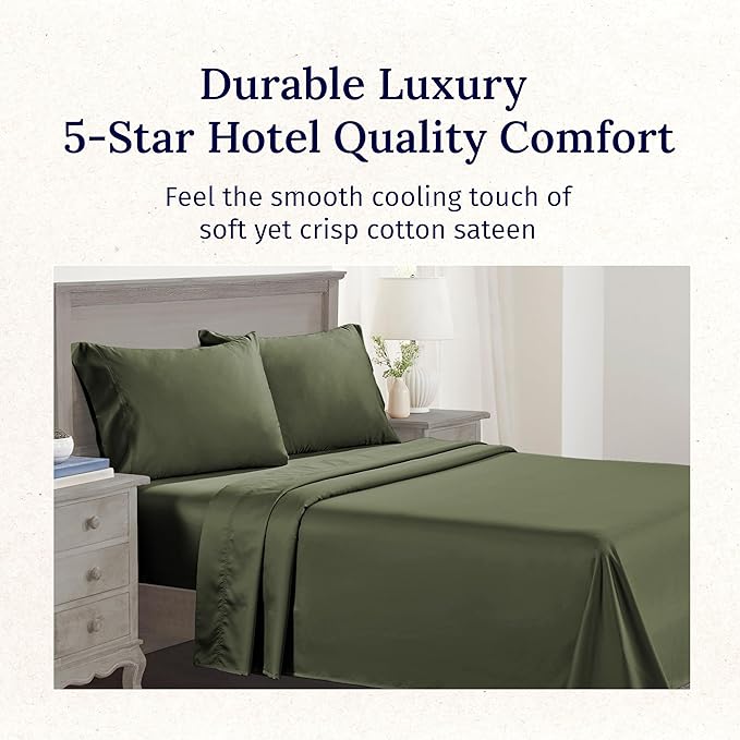 California Design Den 100% Cotton Sheets Queen Size Set - Luxury 600 Thread Count Sateen, Cooling Queen Cotton Sheets with Deep Pockets, Hotel-Quality Bedding - Olive Green